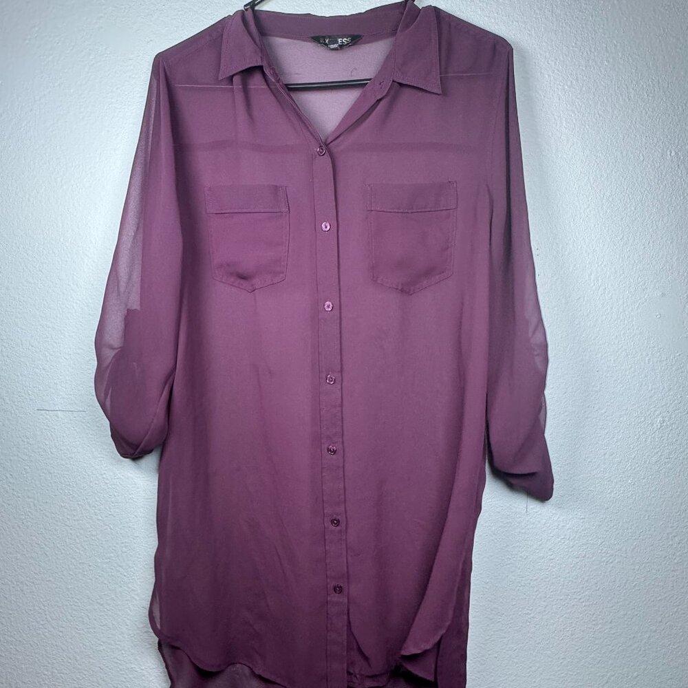 Express Purple Sheer Button-Down Tunic